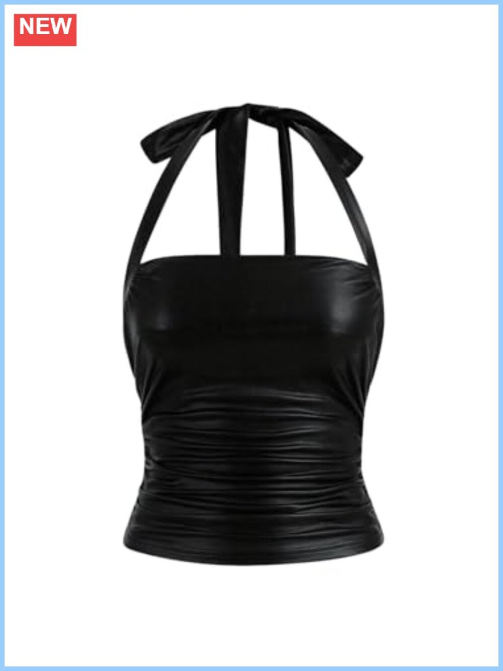 PU Leather Halter Top Sleeveless Slim Fit Ruched Open Back Party Going Out
